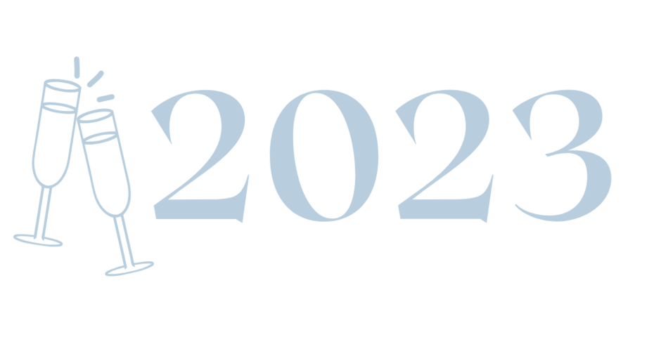 Schriftzug "2023" mit zwei anstoßenden Sektgläsern